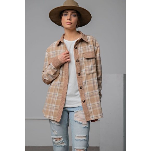 easel Jackets & Coats Easel Mocha Brushed Plaid Print Button Down